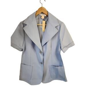 THREE FLAGGS Vintage 100% Polyester Light Blue Button Up Short Sleeve Top Sz 14